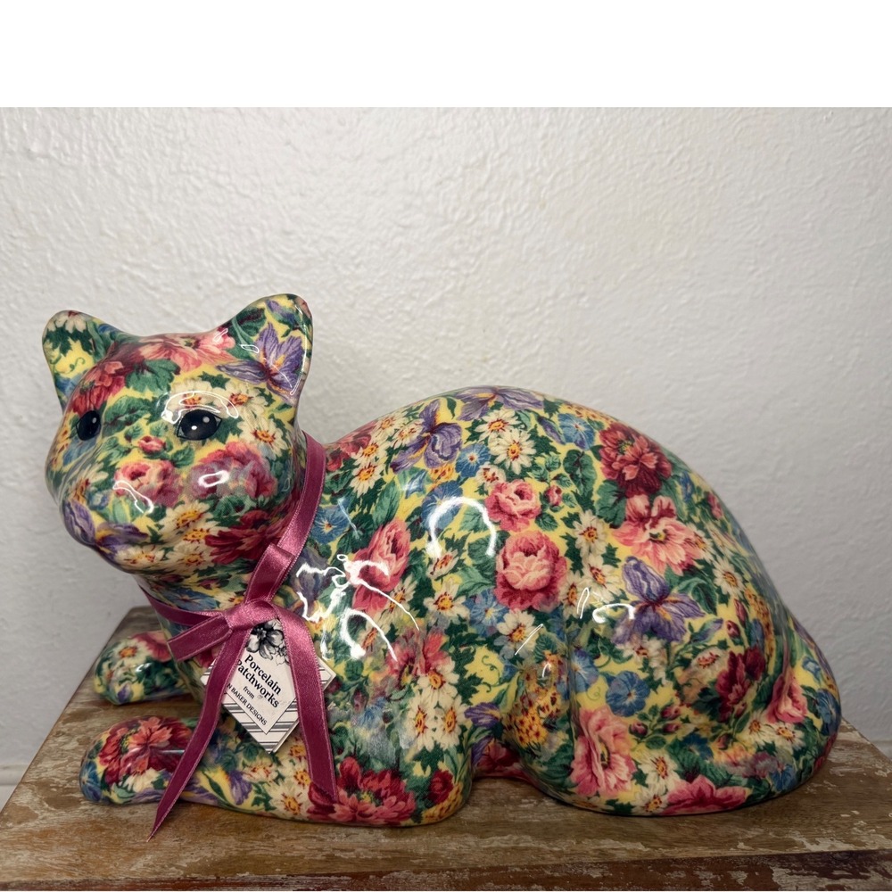 Vintage 80s 90s Joan Baker Designs Porcelain Cat Figurine Floral Patchwork NEW